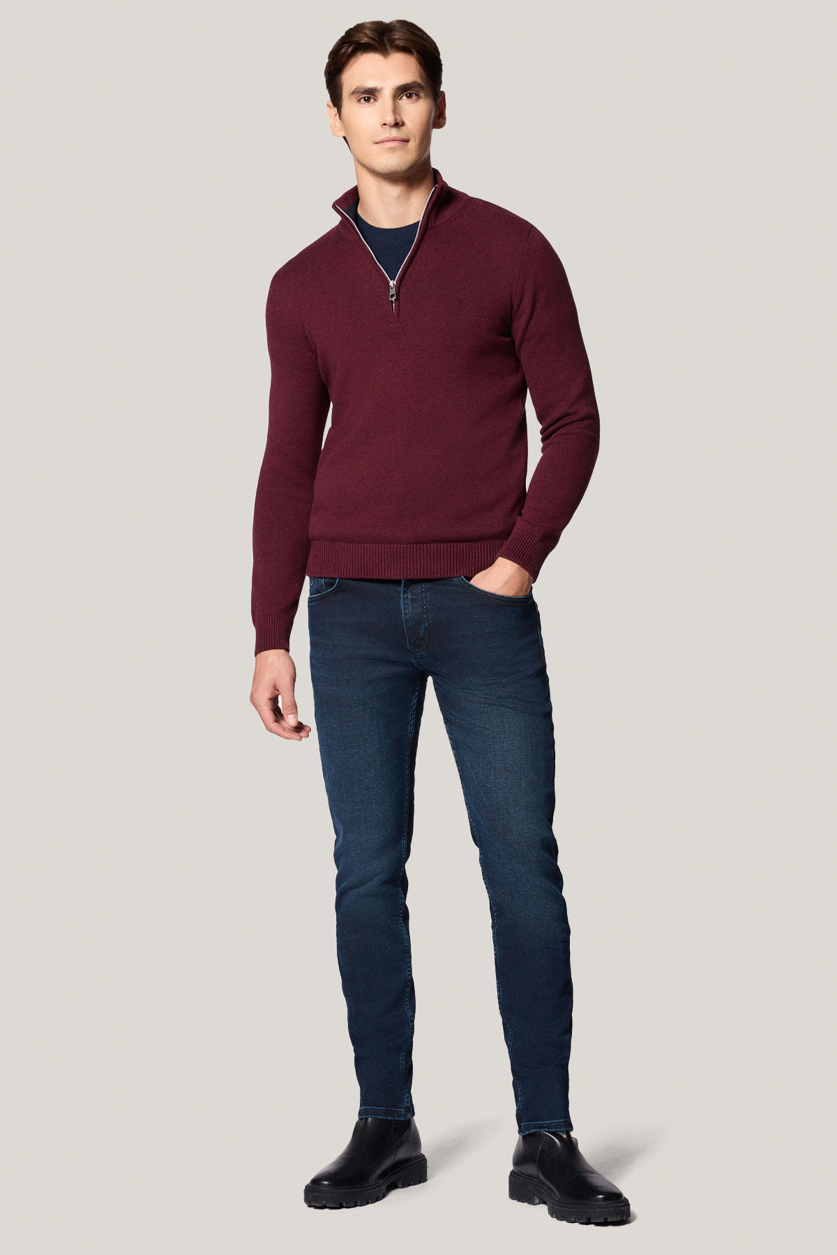 Sweter Rozpinany pod Szyją Bordowy z Bawełny PM10