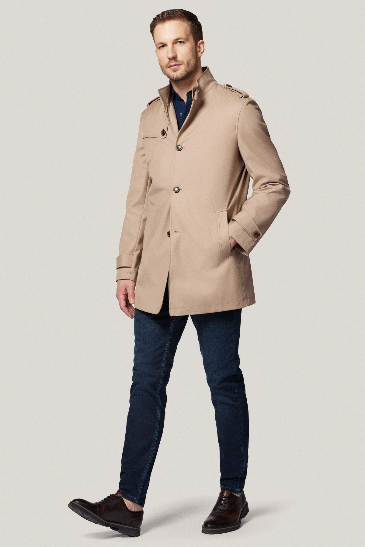 Płaszcz Przejściowy Beżowy Jednorzędowy PM2