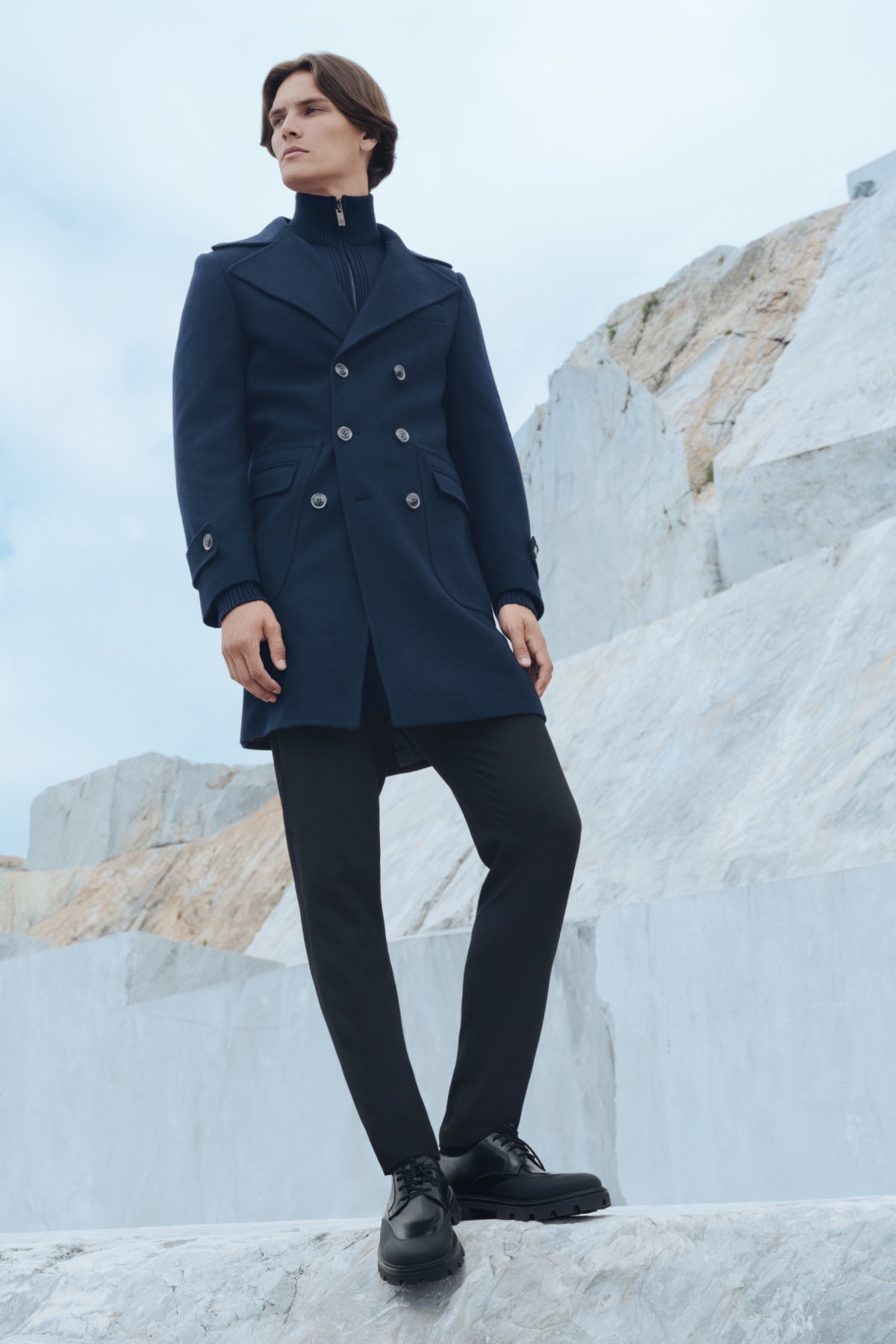 Płaszcz Zimowy Wełniany Dwurzędowy Granatowy PM2