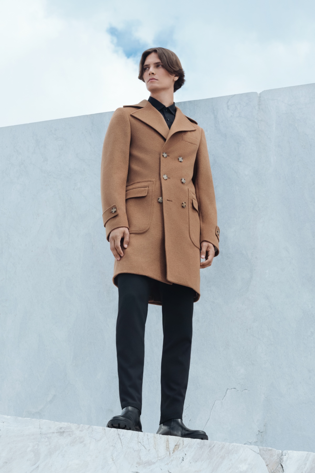 Płaszcz Zimowy Wełniany Dwurzędowy Beżowy PM2