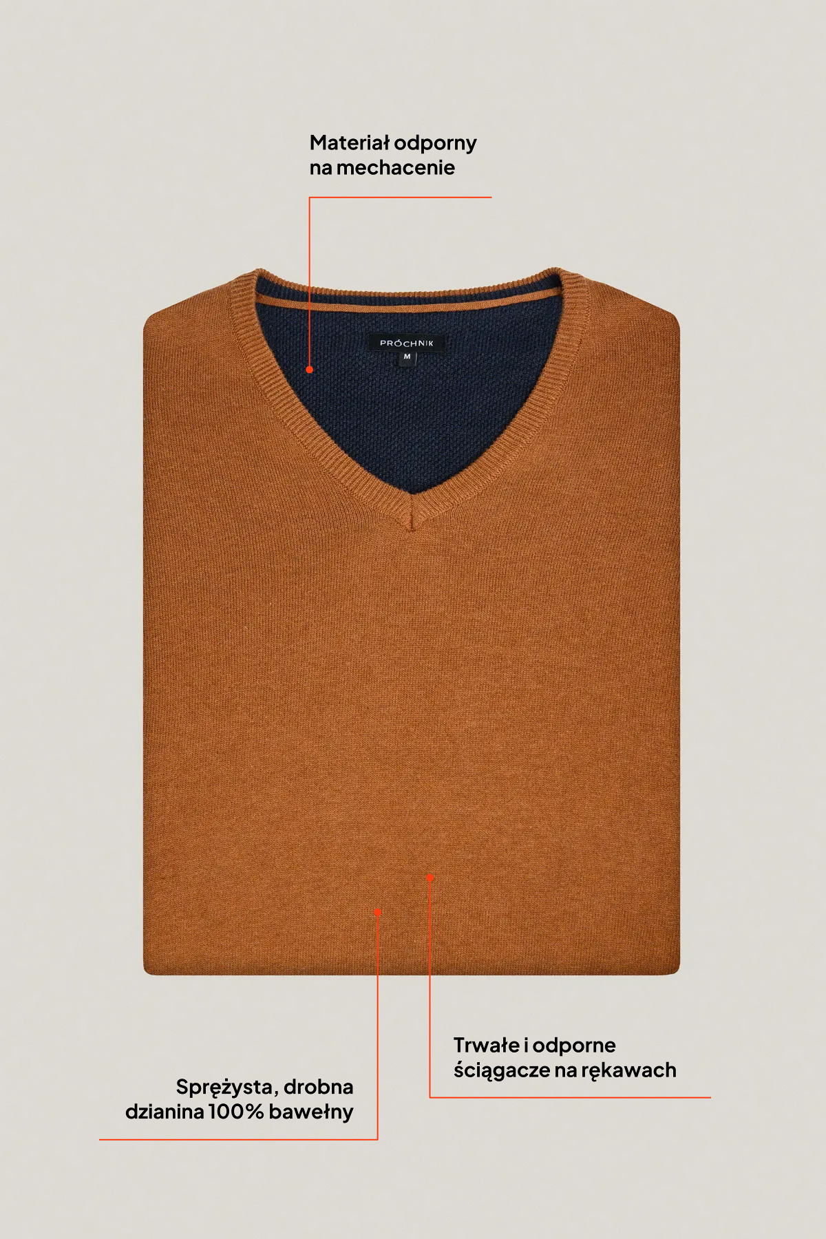 Sweter Camelowy Bawełniany V-neck PM7