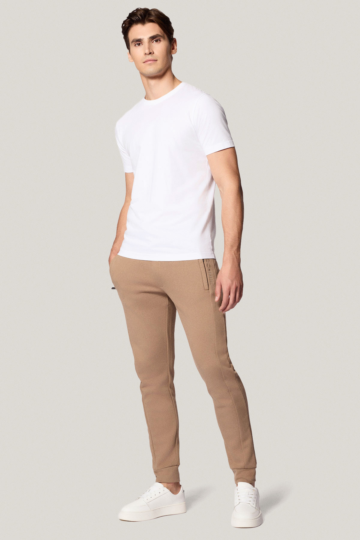 Spodnie Dresowe Beżowe z Haftem z Bawełną PM4