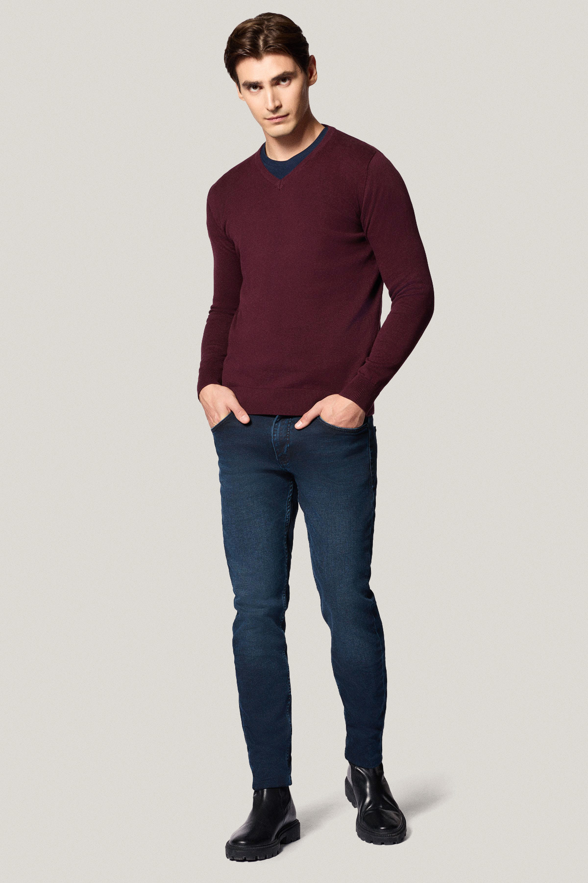 Sweter Bordowy Bawełniany V-neck PM7