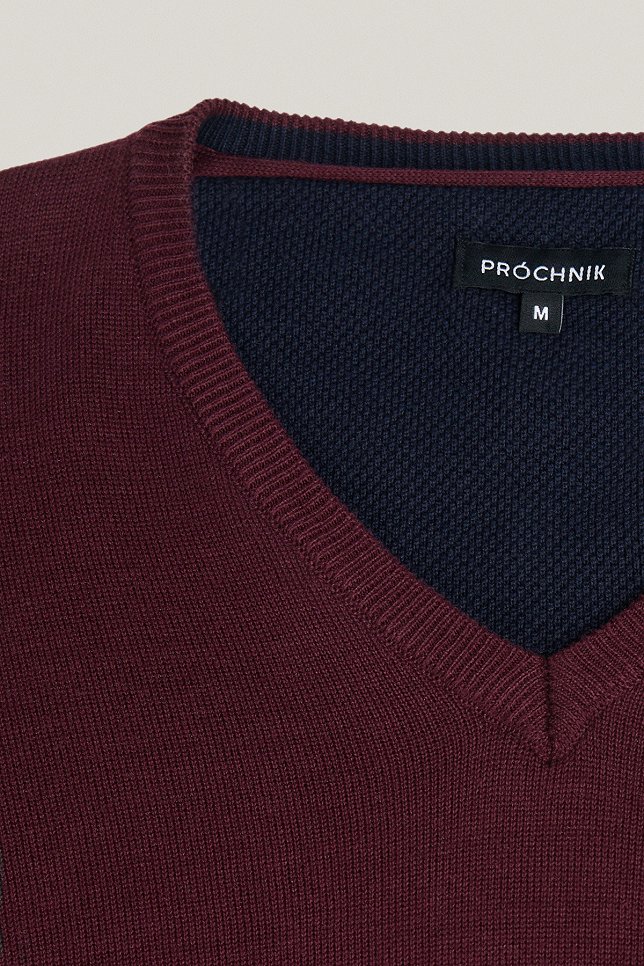Sweter Bordowy Bawełniany V-neck PM7