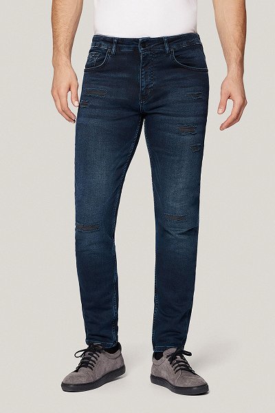 Jeansy Ciemnogranatowe Slim Fit z Przetarciami PM8