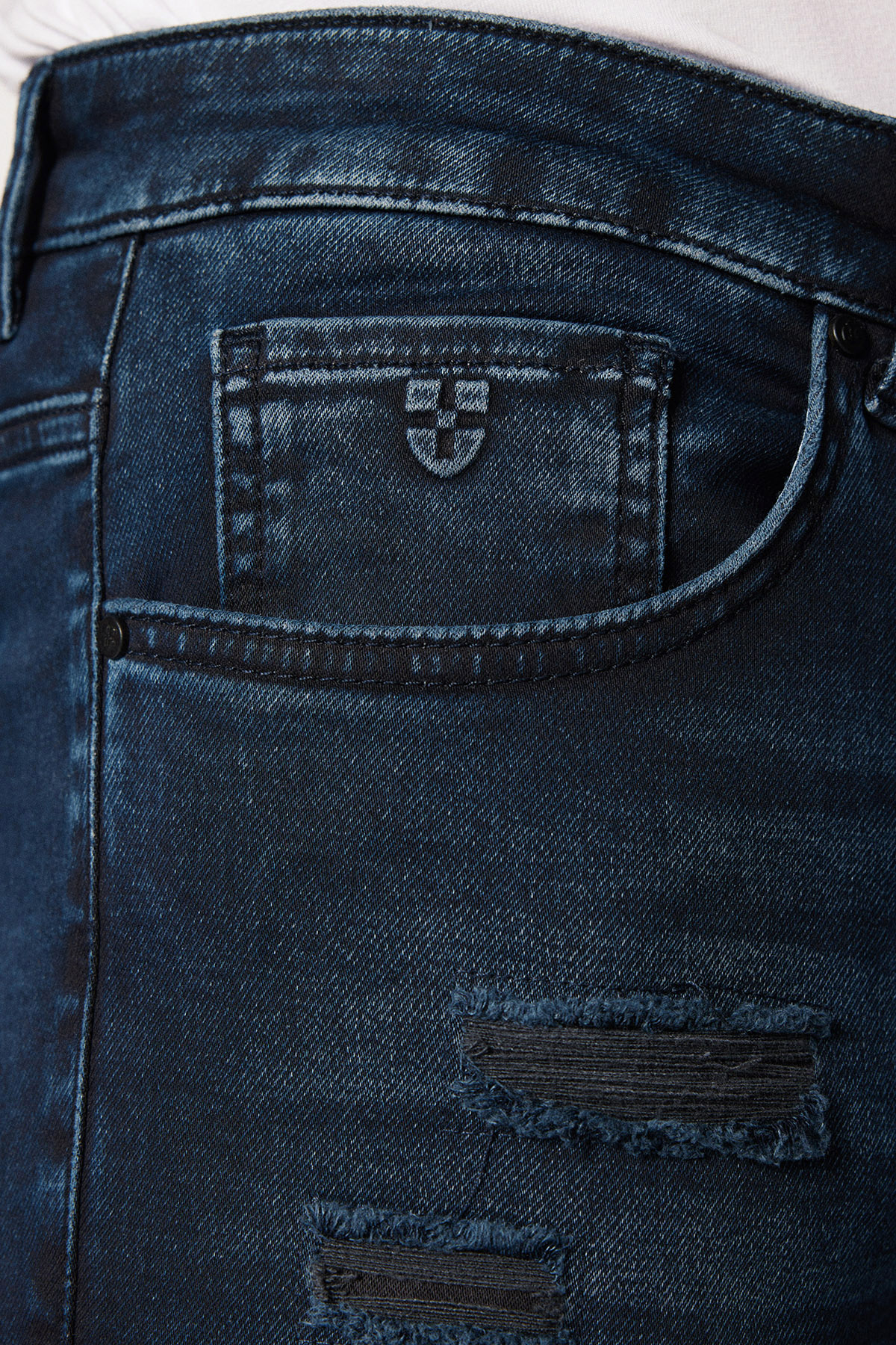 Jeansy Ciemnogranatowe Slim Fit z Przetarciami PM8