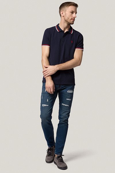 Jeansy Granatowe Slim Fit z Przetarciami PM5