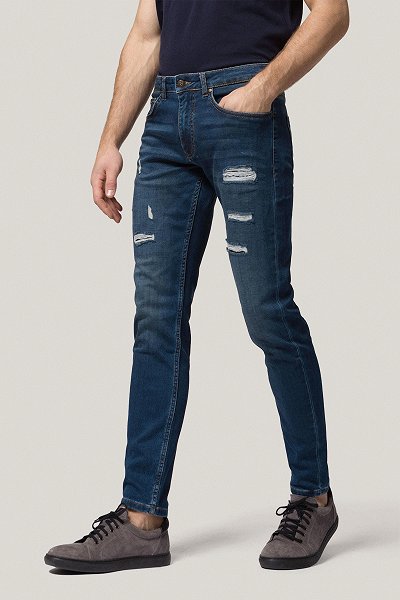 Jeansy Granatowe Slim Fit z Przetarciami PM5