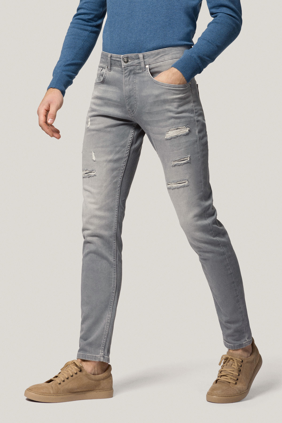 Jeansy Szare Slim Fit z Przetarciami PM2