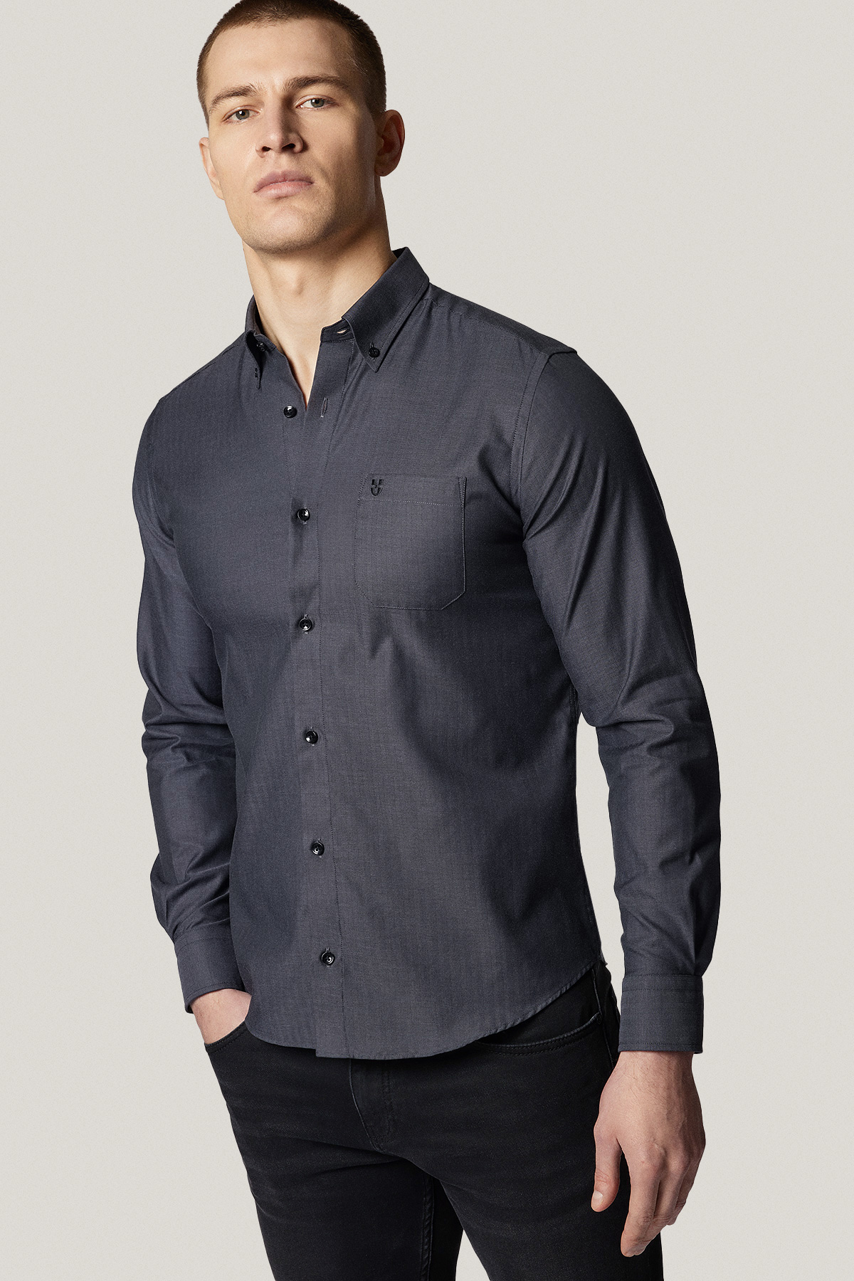 Koszula Grafitowa z Bawełny z Długim Rękawem ze Wzorem Jodełki PM32