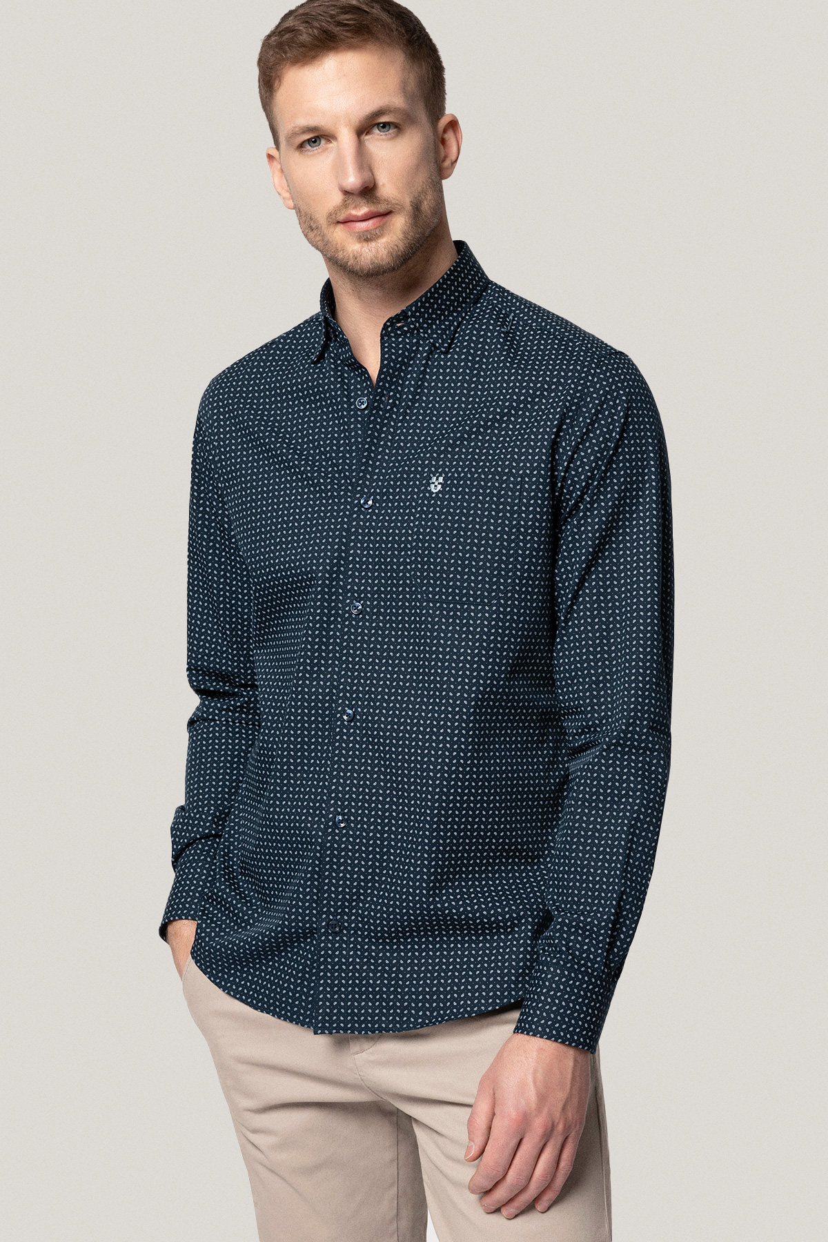 Koszula Granatowa z Bawełny z Długim Rękawem Paisley PM14