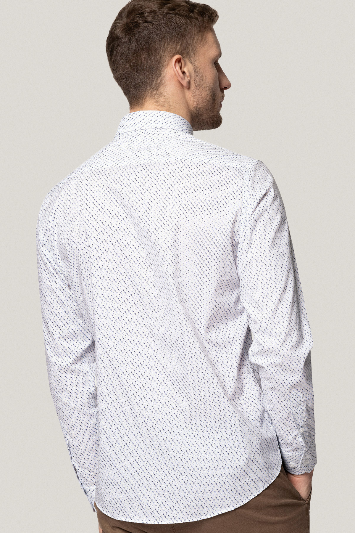 Koszula Biała z Bawełny z Długim Rękawem z Niebieskim Wzorem PM15