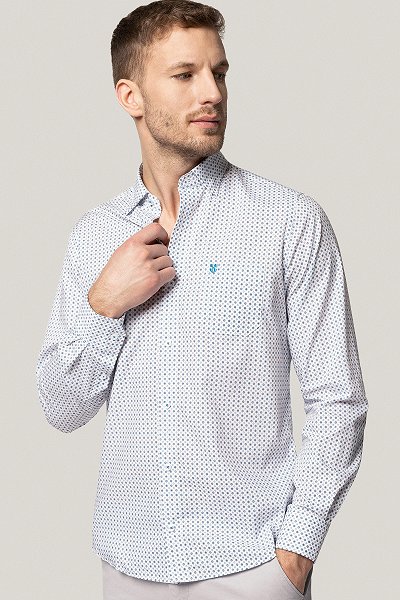 Koszula Biała z Bawełny z Długim Rękawem z Niebieskim Wzorem Geometrycznym PM16