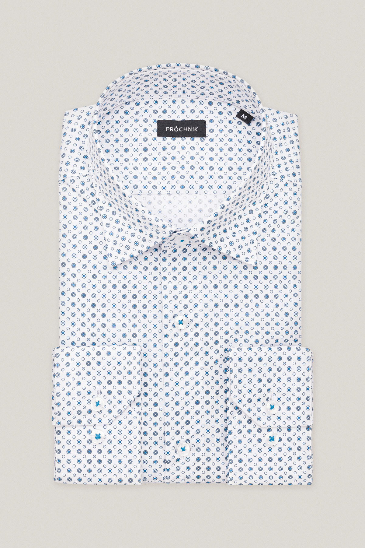 Koszula Biała z Bawełny z Długim Rękawem z Niebieskim Wzorem Geometrycznym PM16