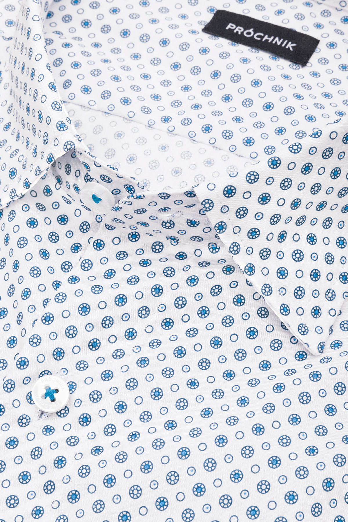 Koszula Biała z Bawełny z Długim Rękawem z Niebieskim Wzorem Geometrycznym PM16