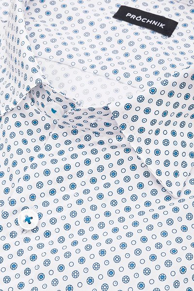 Koszula Biała z Bawełny z Długim Rękawem z Niebieskim Wzorem Geometrycznym PM16