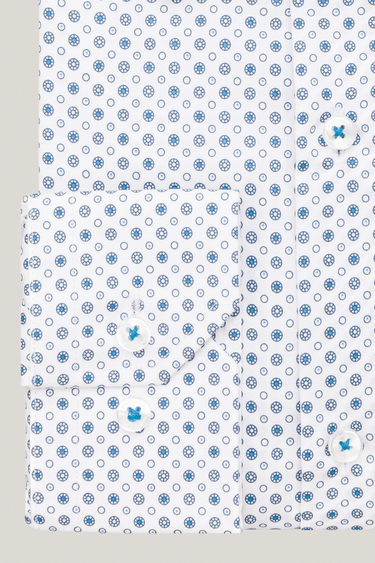 Koszula Biała z Bawełny z Długim Rękawem z Niebieskim Wzorem Geometrycznym PM16