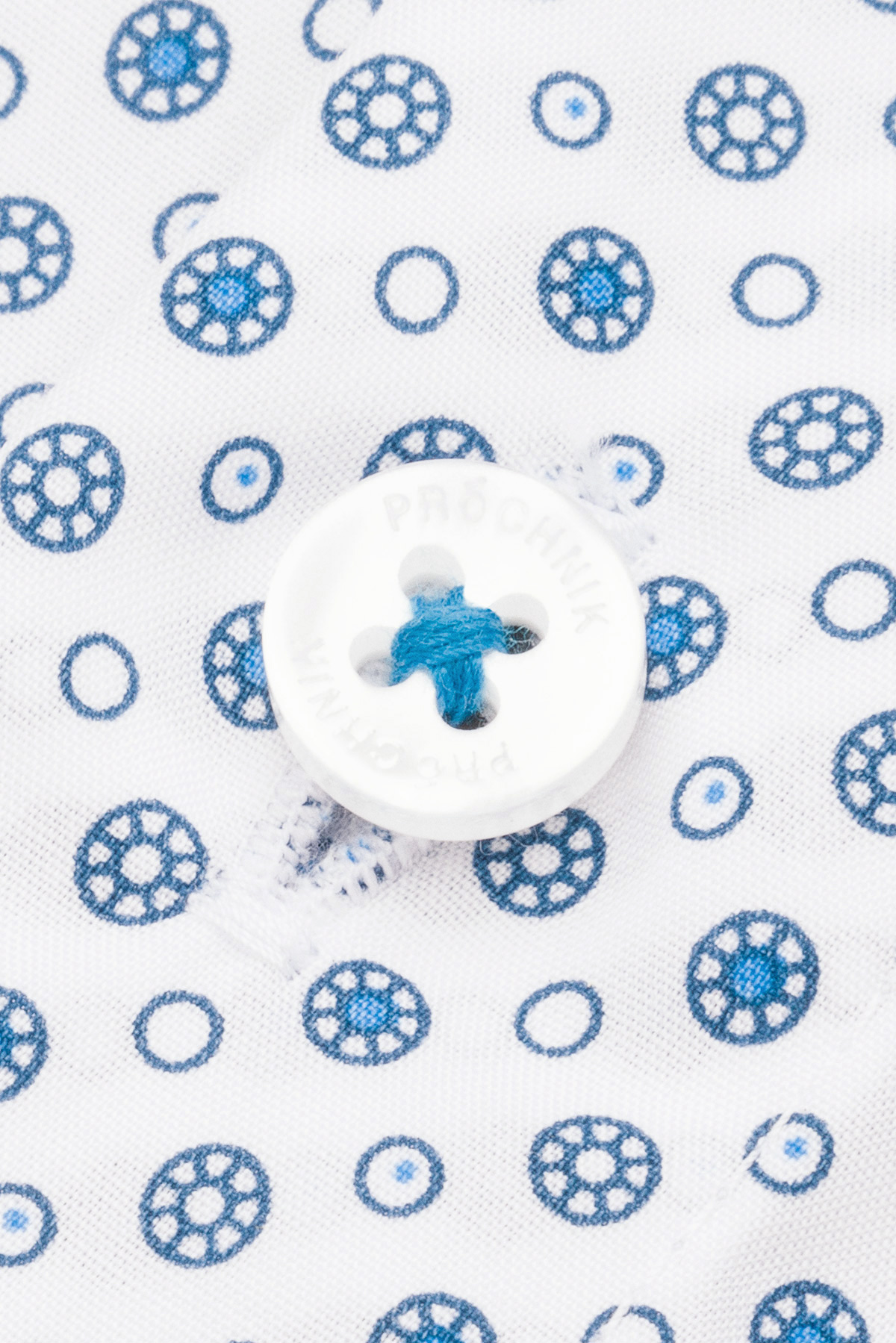 Koszula Biała z Bawełny z Długim Rękawem z Niebieskim Wzorem Geometrycznym PM16