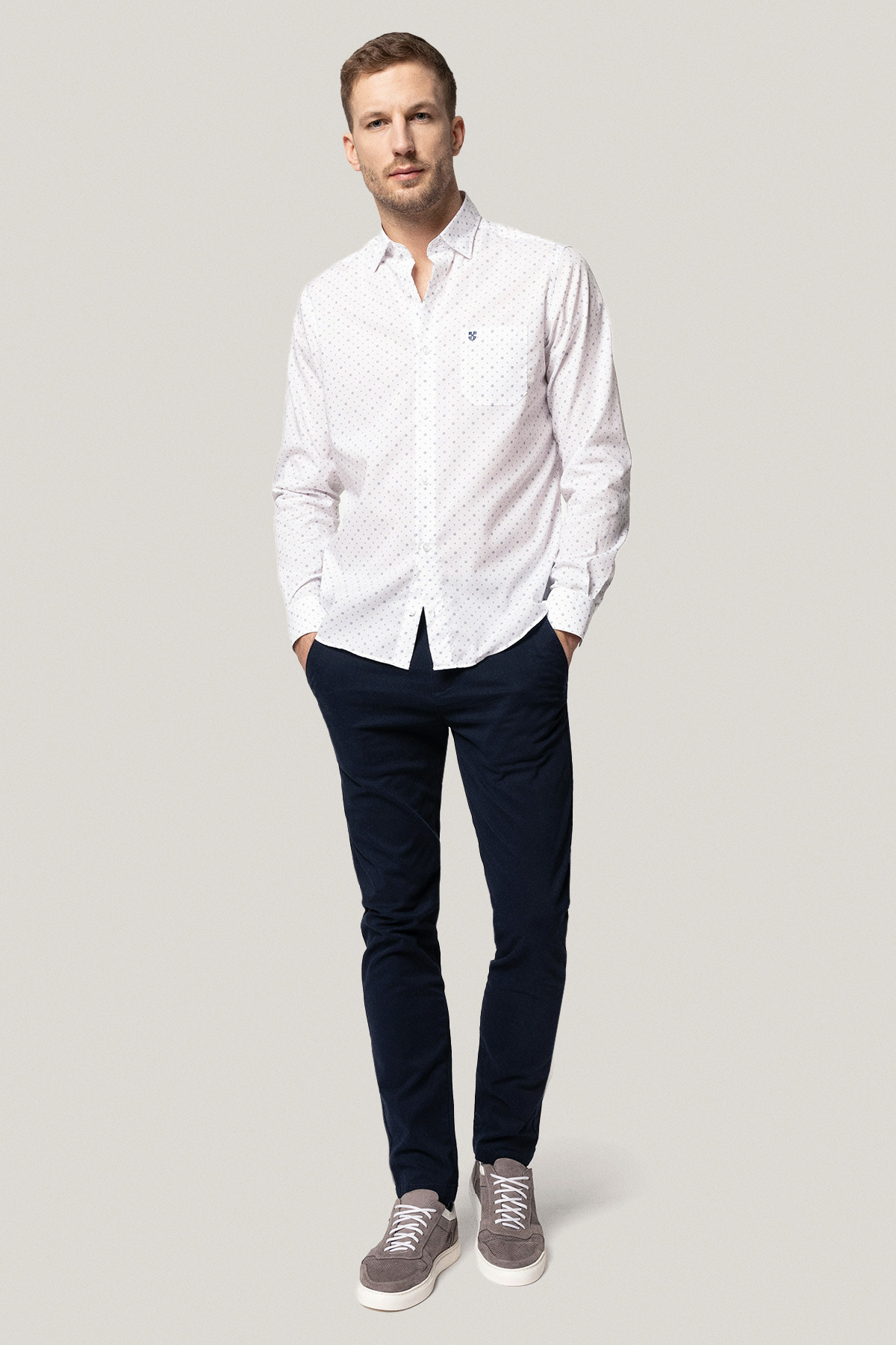 Koszula Biała z Bawełny z Długim Rękawem z Mikrowzorem PM18