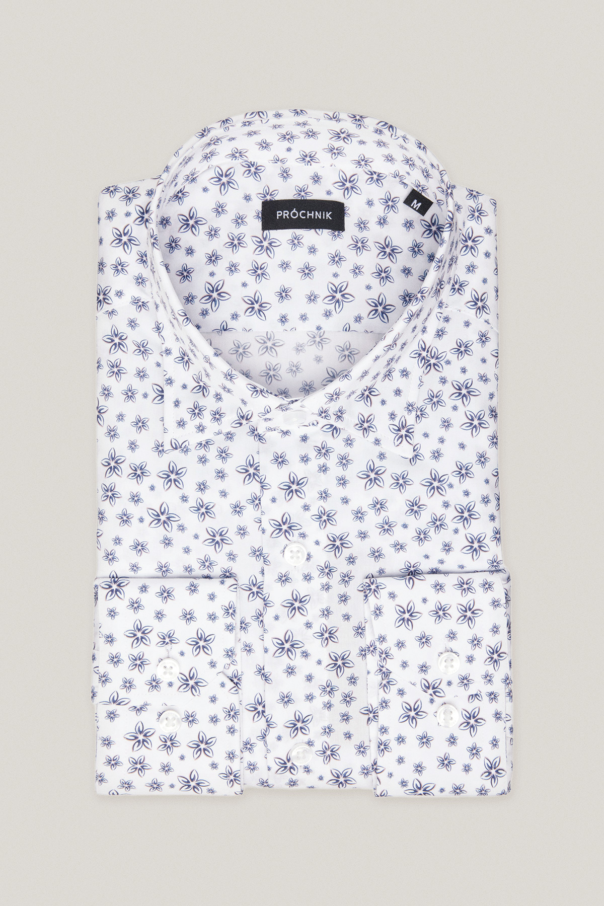 Koszula Biała z Bawełny z Długim Rękawem w Granatowe Kwiaty PM19