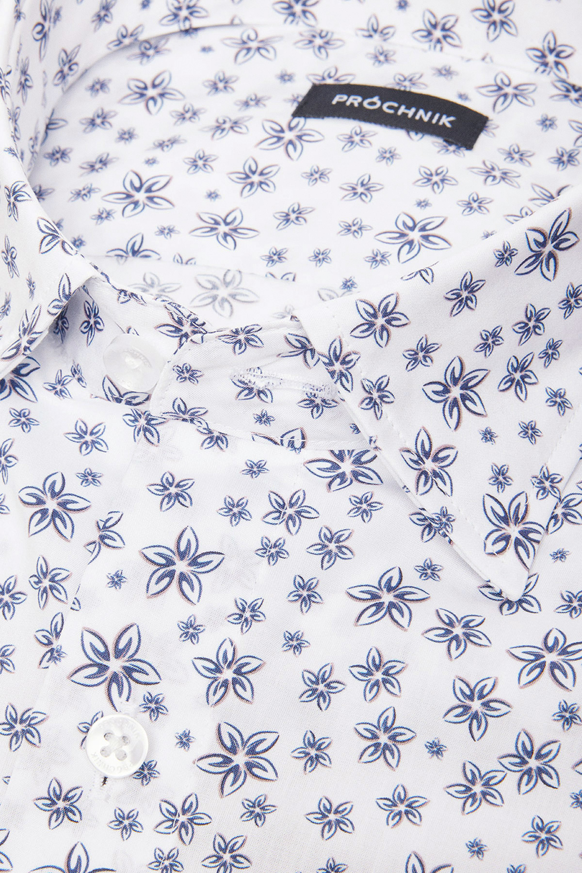 Koszula Biała z Bawełny z Długim Rękawem w Granatowe Kwiaty PM19