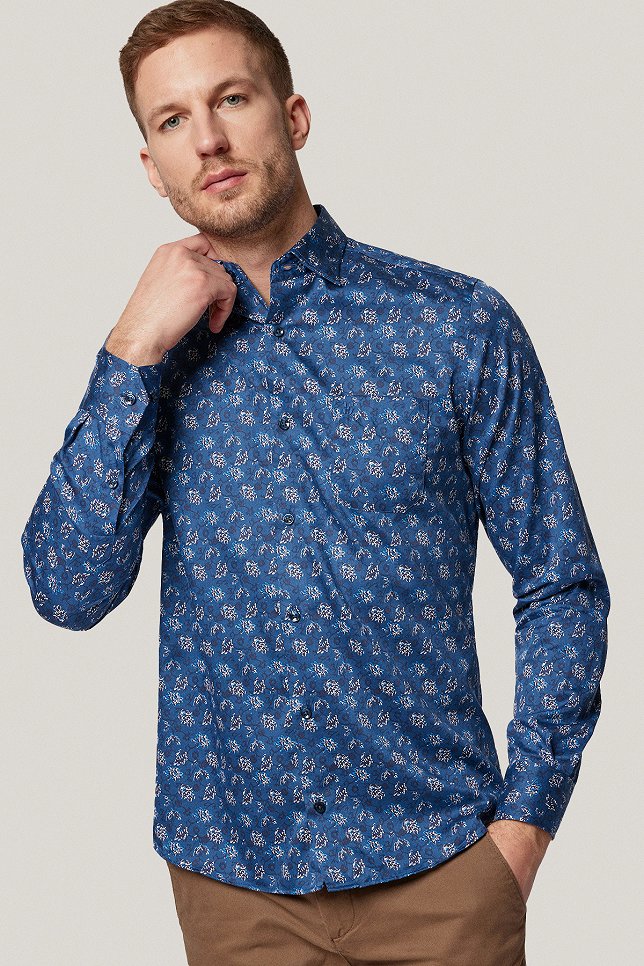 Koszula Granatowa z Bawełny z Długim Rękawem w Kwiaty PM20