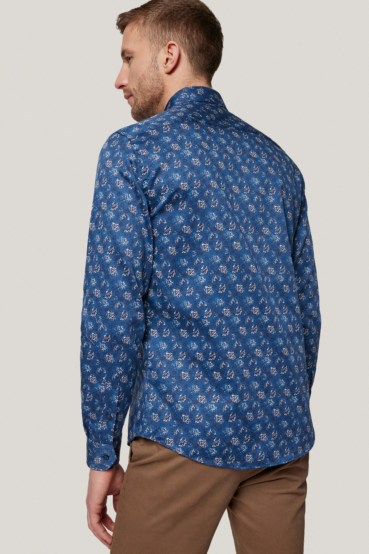 Koszula Granatowa z Bawełny z Długim Rękawem w Kwiaty PM20