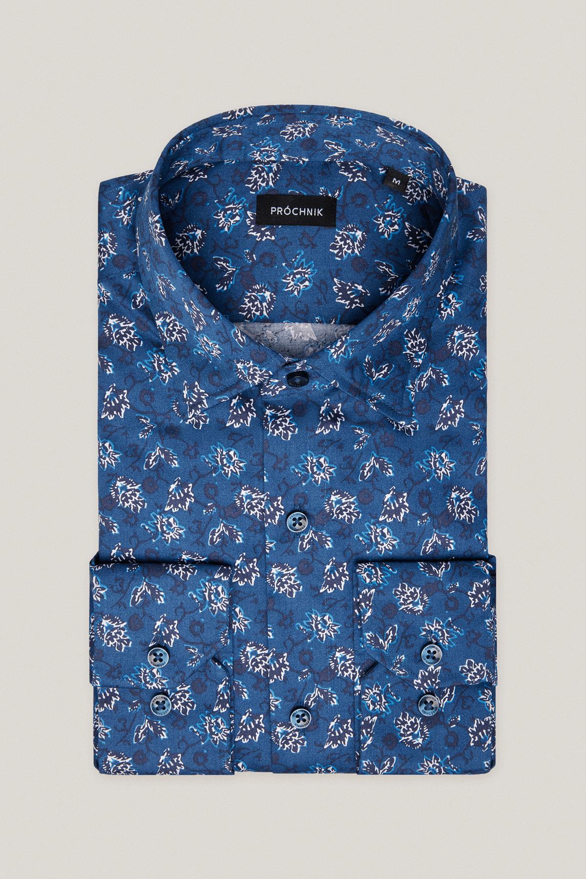 Koszula Granatowa z Bawełny z Długim Rękawem w Kwiaty PM20