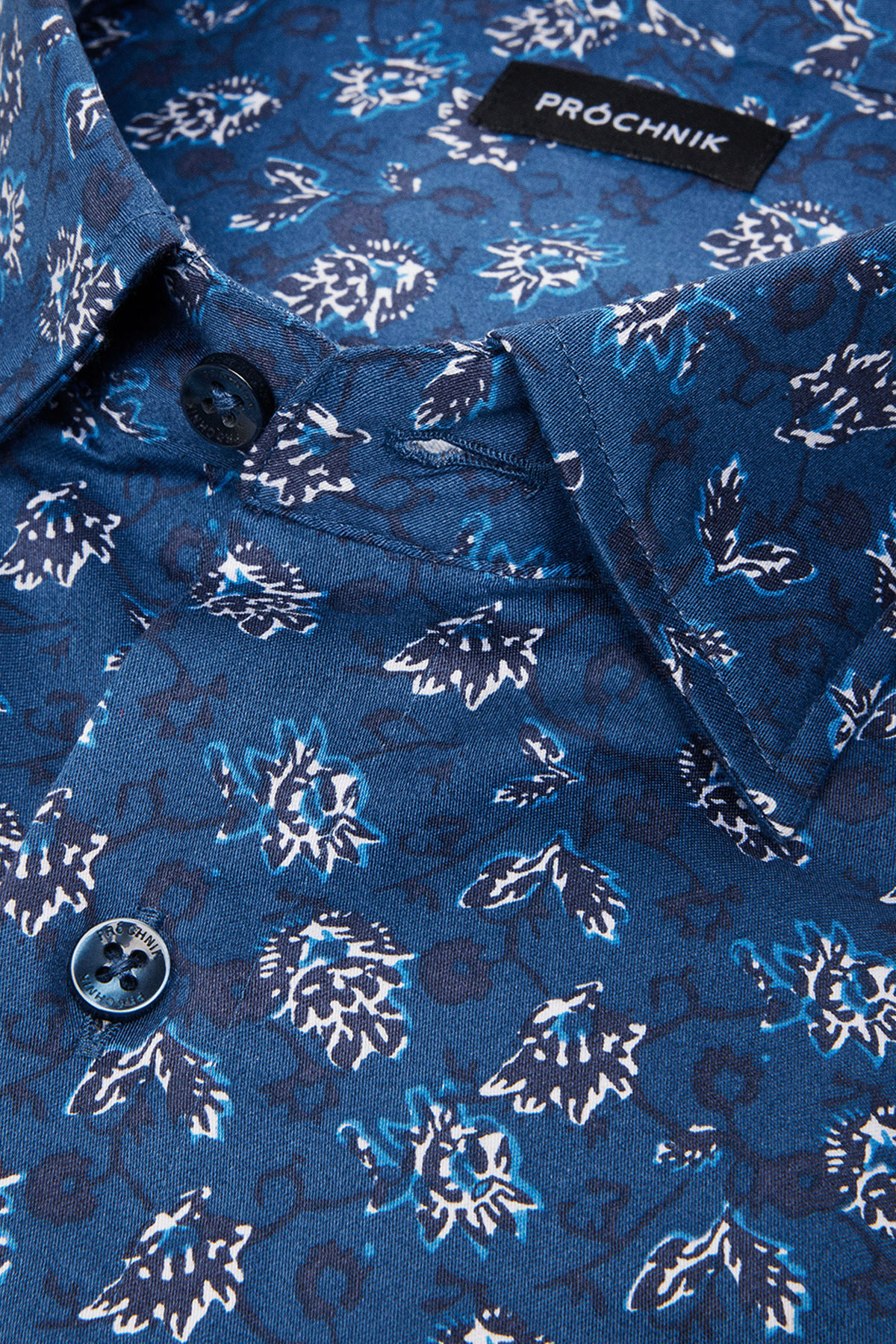 Koszula Granatowa z Bawełny z Długim Rękawem w Kwiaty PM20