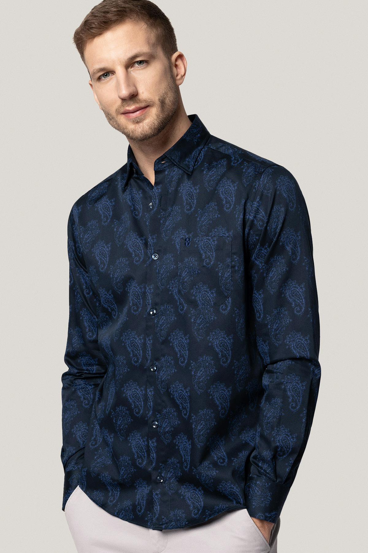 Koszula Ciemnogranatowa z Bawełny z Długim Rękawem Paisley PM21
