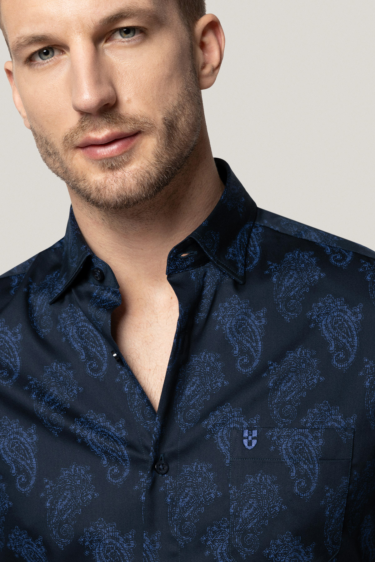 Koszula Ciemnogranatowa z Bawełny z Długim Rękawem Paisley PM21