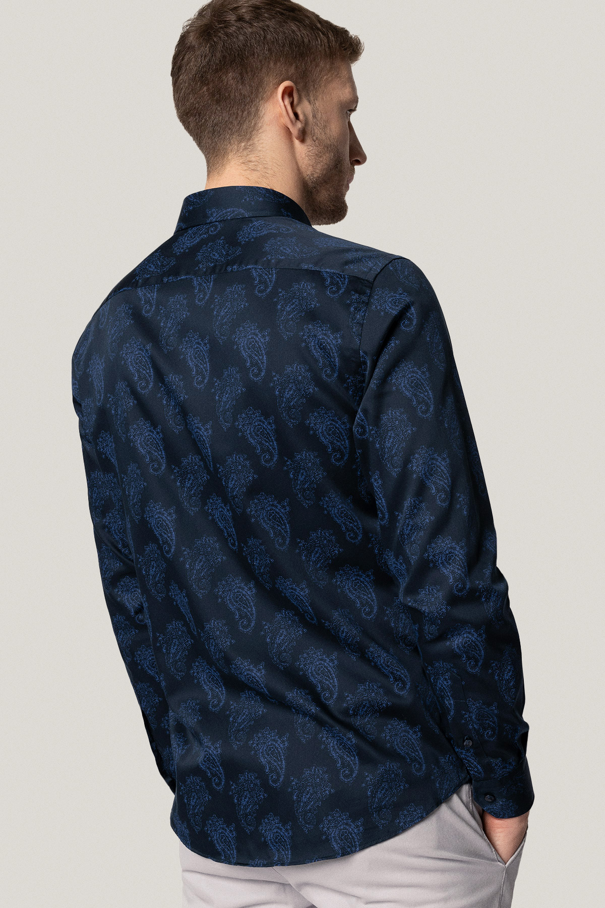 Koszula Ciemnogranatowa z Bawełny z Długim Rękawem Paisley PM21