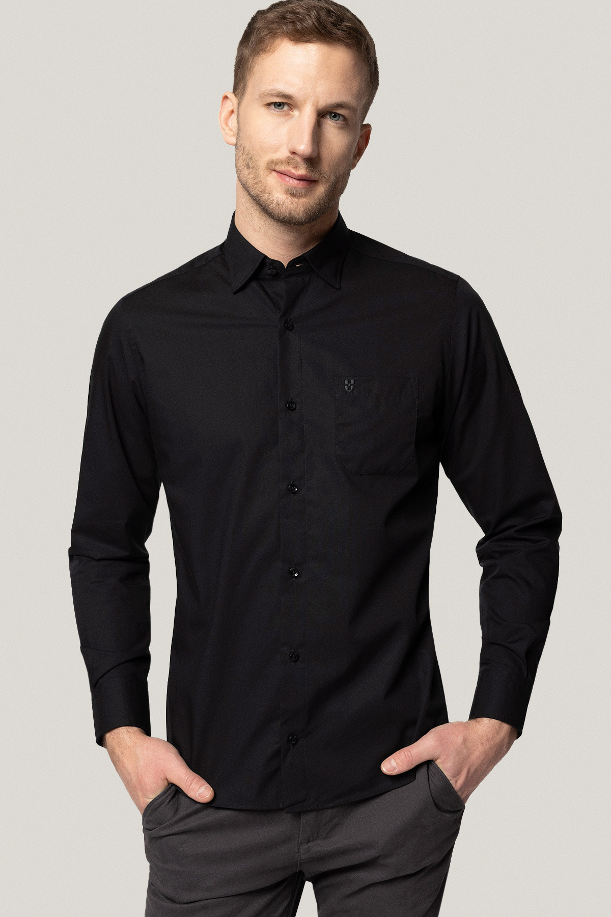 Koszula Czarna z Bawełny z Długim Rękawem PM34