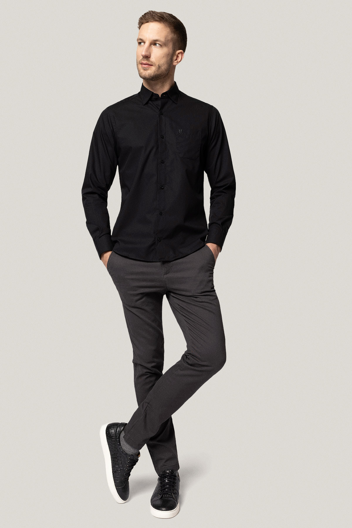 Koszula Czarna z Bawełny z Długim Rękawem PM34
