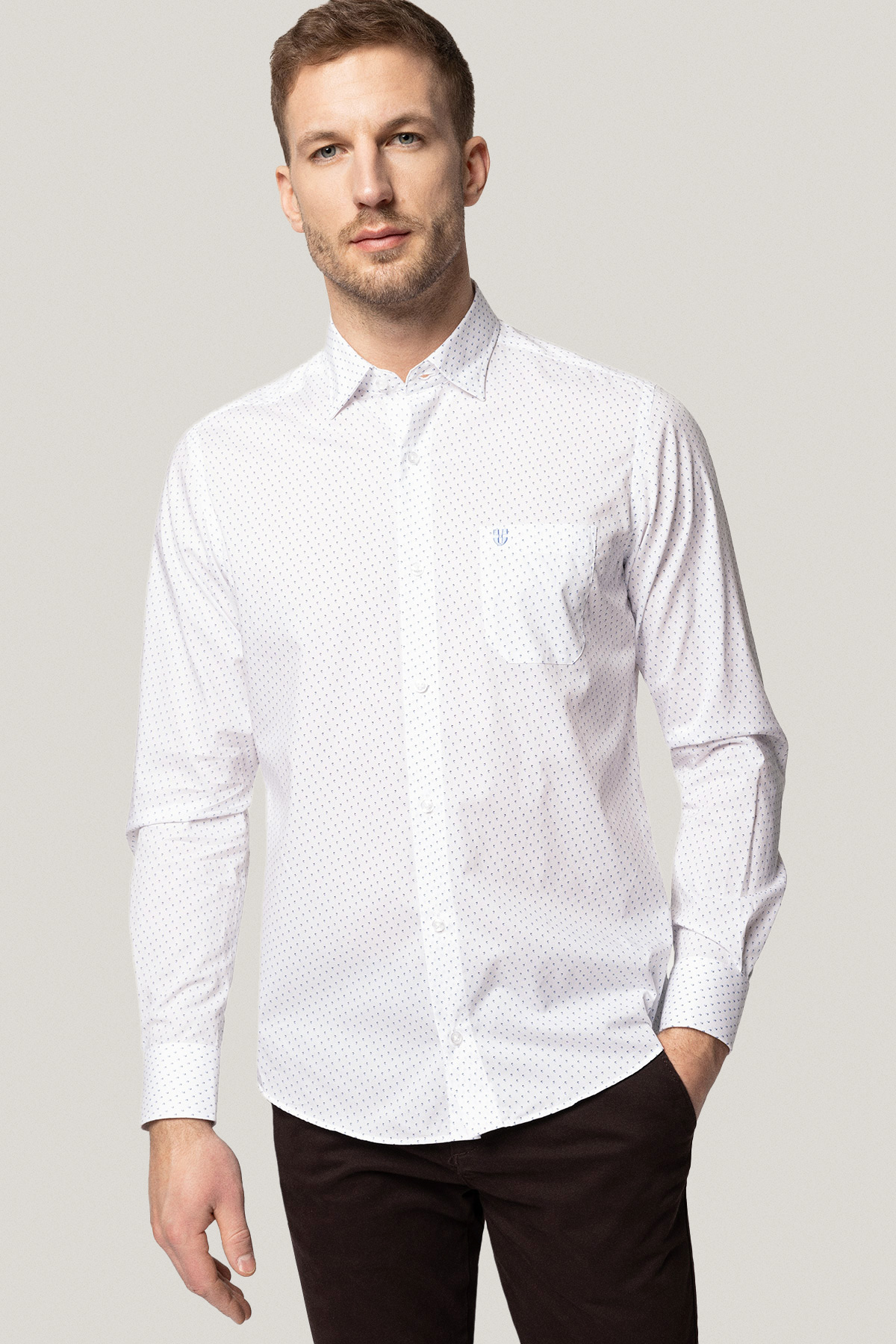 Koszula Biała z Bawełny z Długim Rękawem z Mikrowzorem PM7