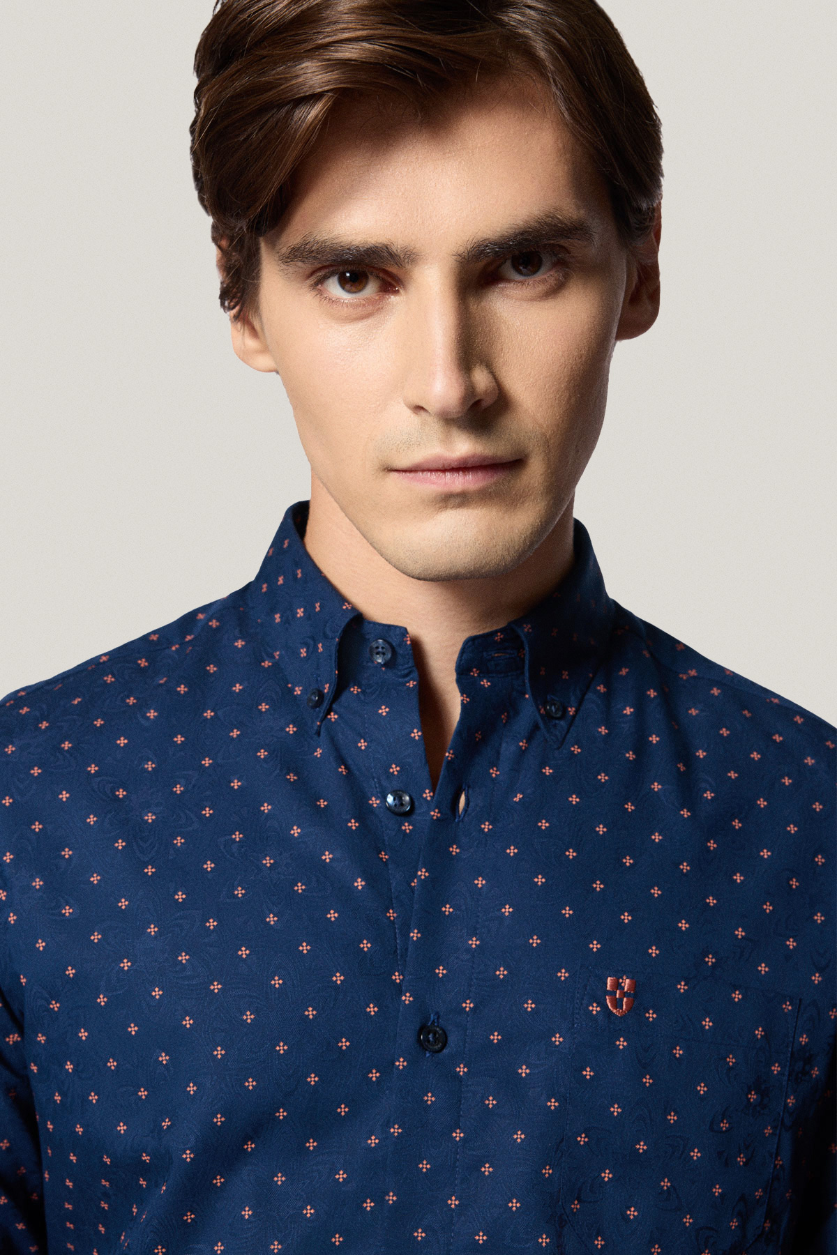 Koszula Granatowa z Bawełny z Długim Rękawem ze Wzorem PM17