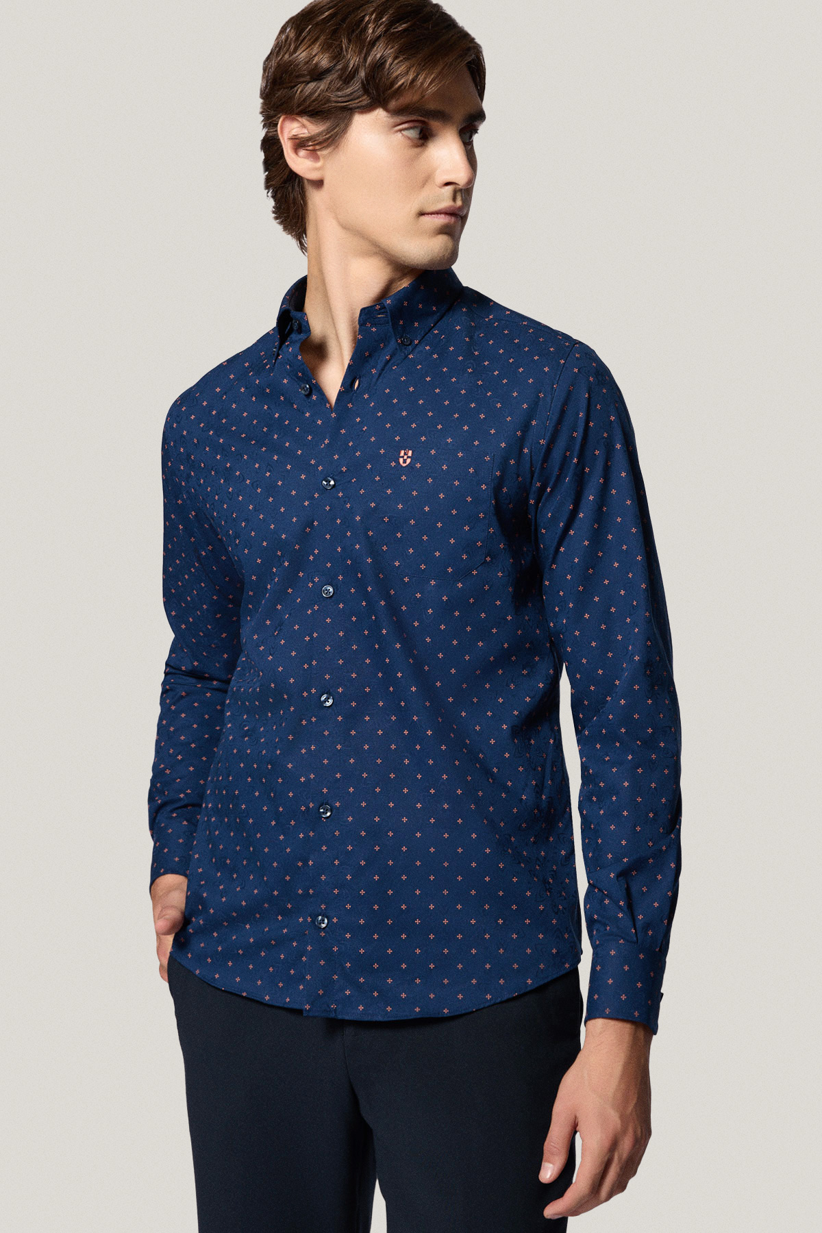 Koszula Granatowa z Bawełny z Długim Rękawem ze Wzorem PM17