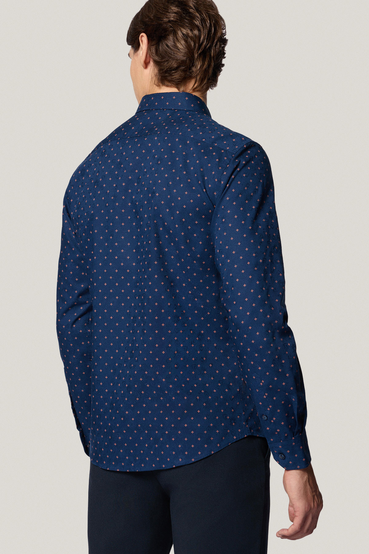 Koszula Granatowa z Bawełny z Długim Rękawem ze Wzorem PM17