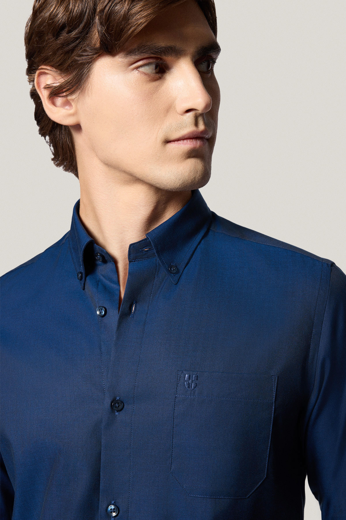 Koszula Granatowa z Bawełny z Długim Rękawem ze Wzorem Jodełki PM31