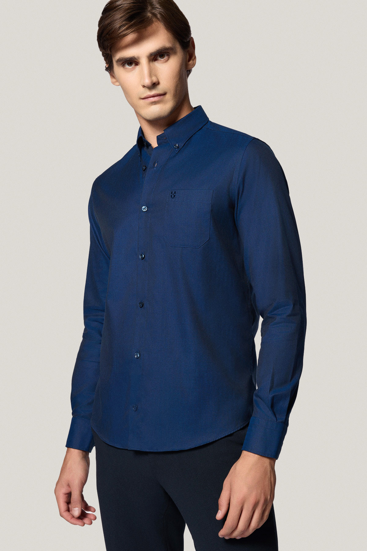 Koszula Granatowa z Bawełny z Długim Rękawem ze Wzorem Jodełki PM31