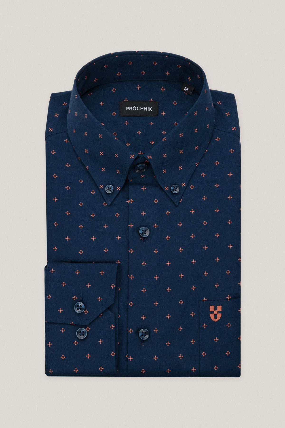 Koszula Granatowa z Bawełny z Długim Rękawem ze Wzorem PM17