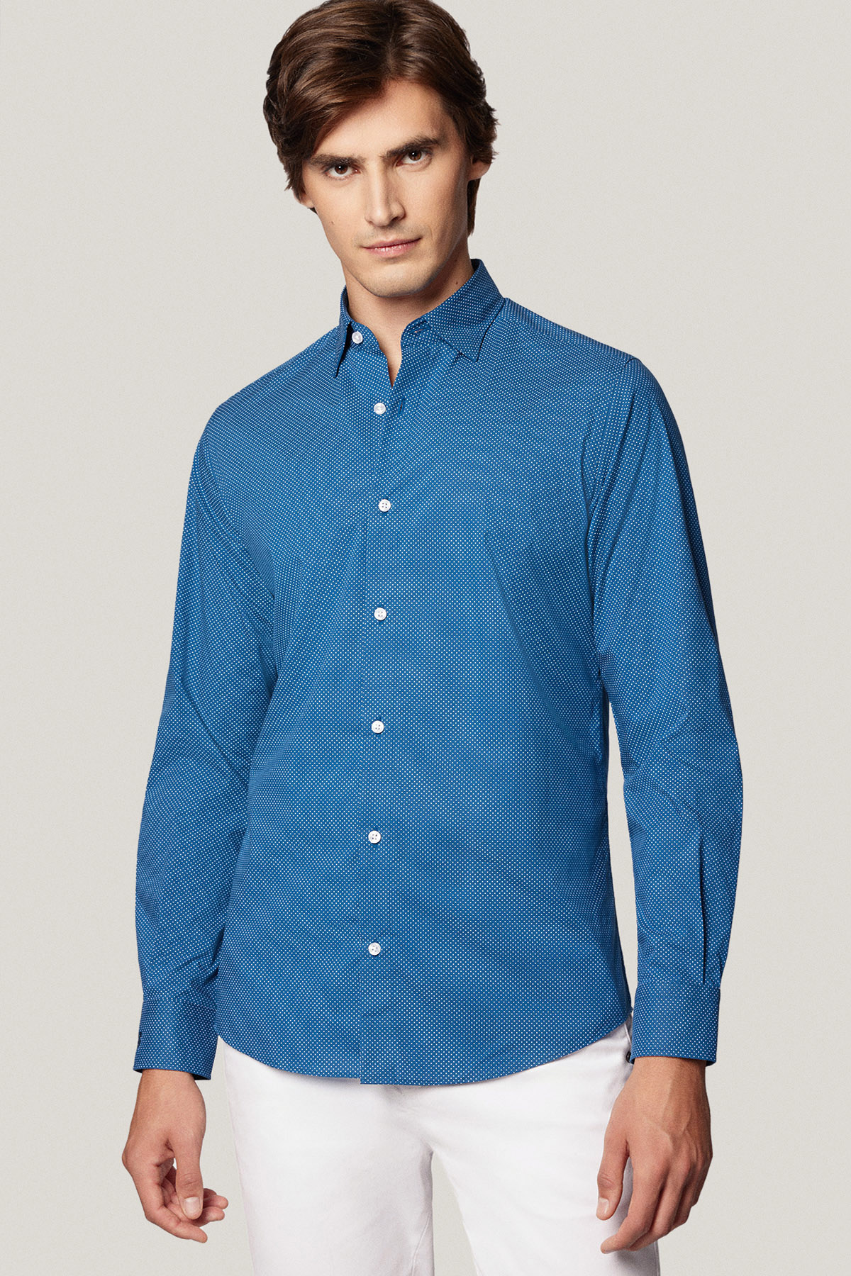 Koszula Niebieska z Bawełny z Długim Rękawem w Kropki PM40