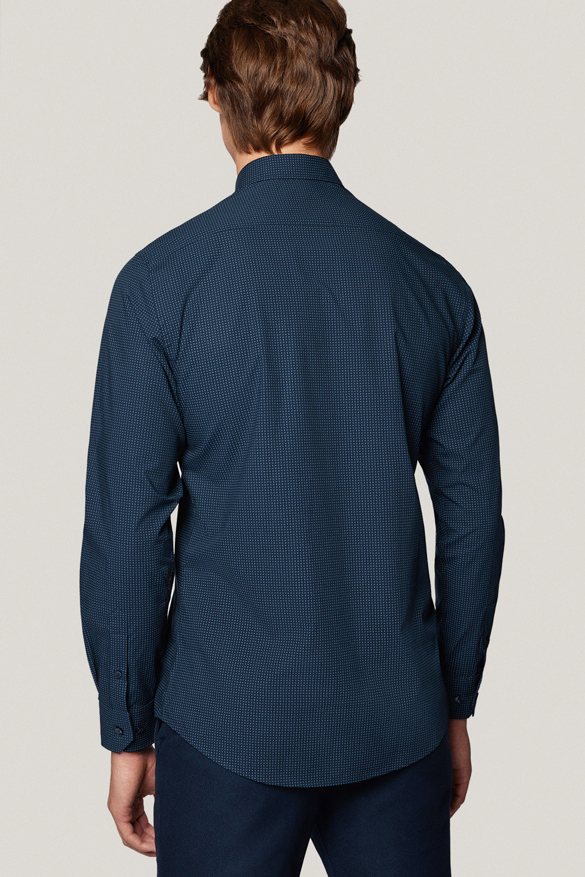 Koszula Granatowa z Bawełny z Długim Rękawem w Mikrowzór PM41