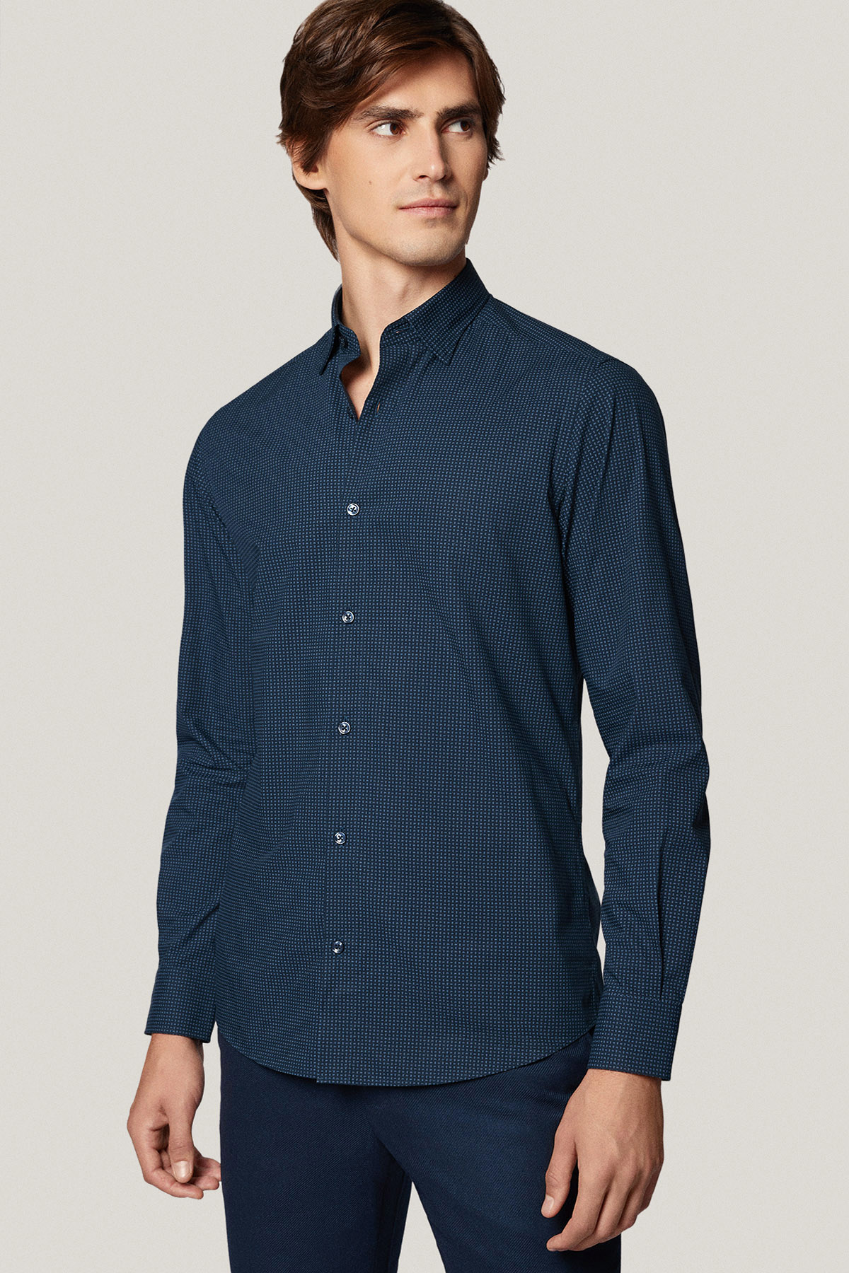 Koszula Granatowa z Bawełny z Długim Rękawem w Mikrowzór PM41