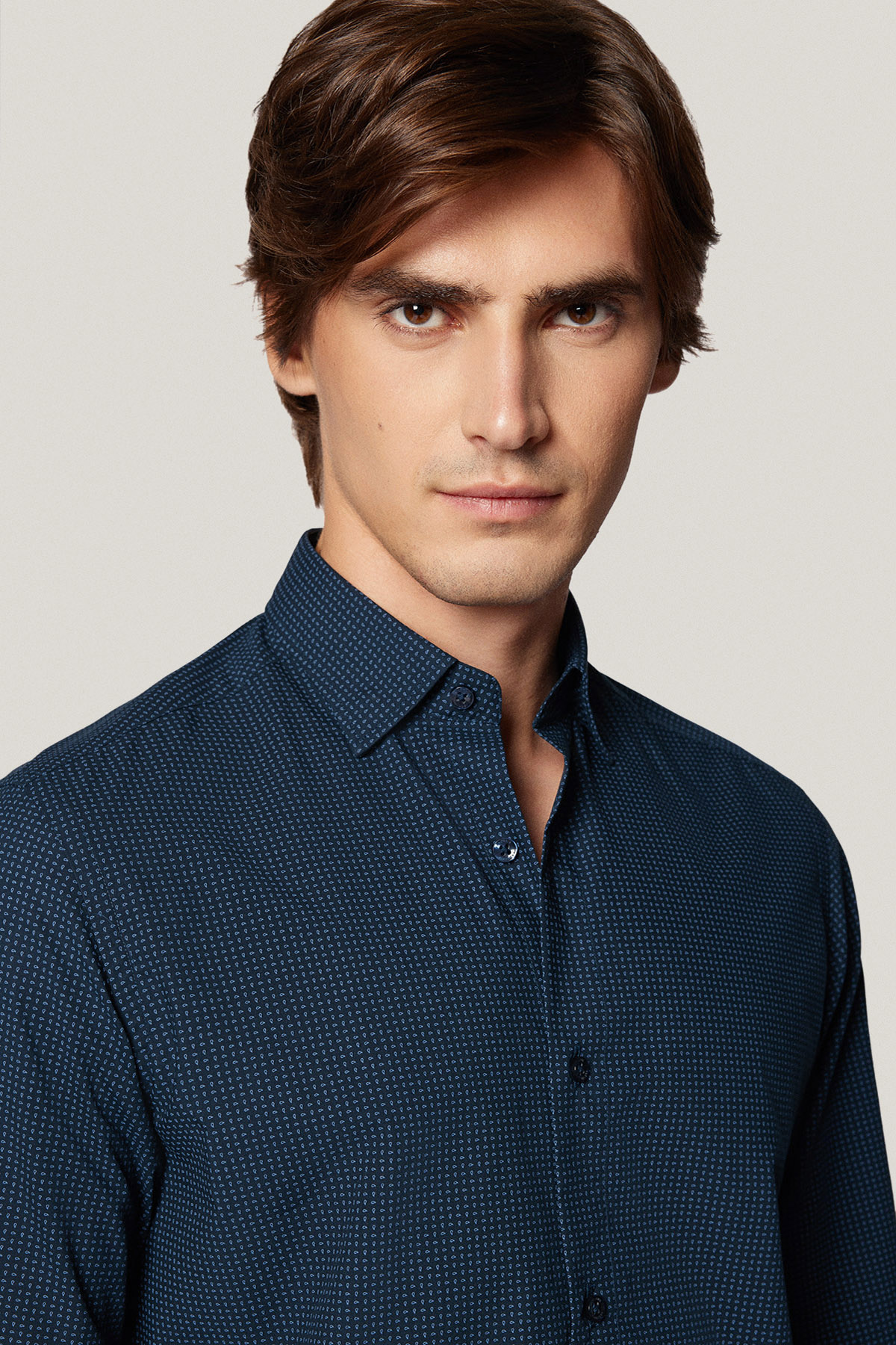 Koszula Granatowa z Bawełny z Długim Rękawem w Mikrowzór PM41