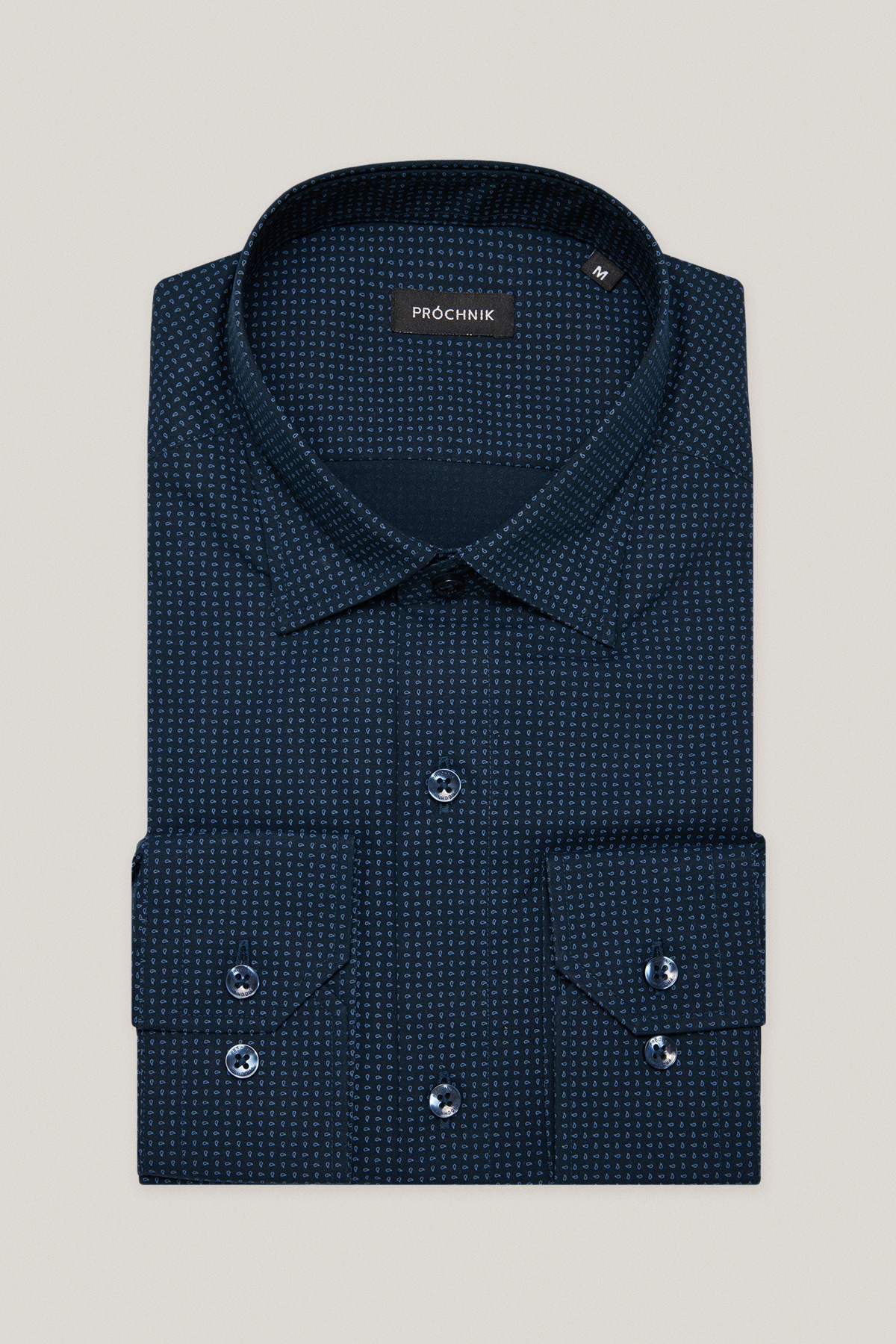 Koszula Granatowa z Bawełny z Długim Rękawem w Mikrowzór PM41