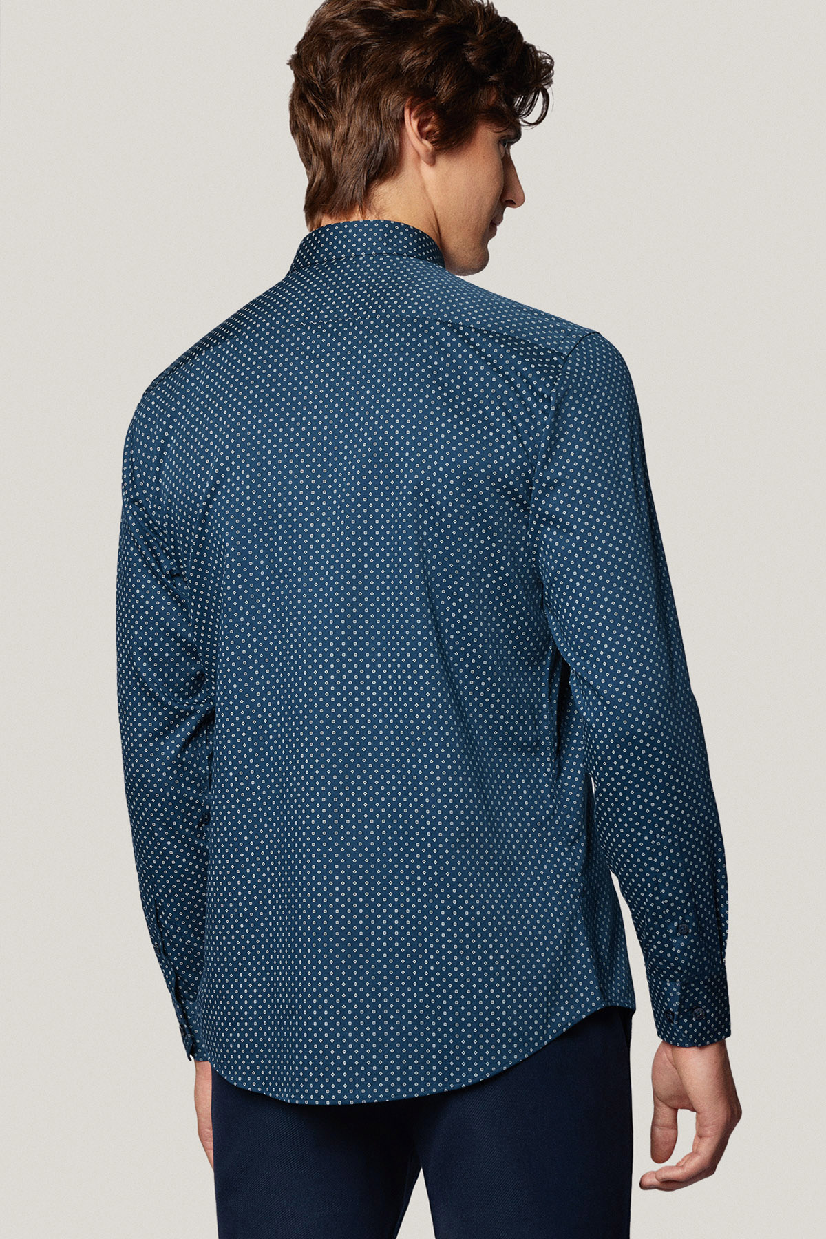 Koszula Granatowa z Bawełny z Długim Rękawem w Mikrowzór PM42