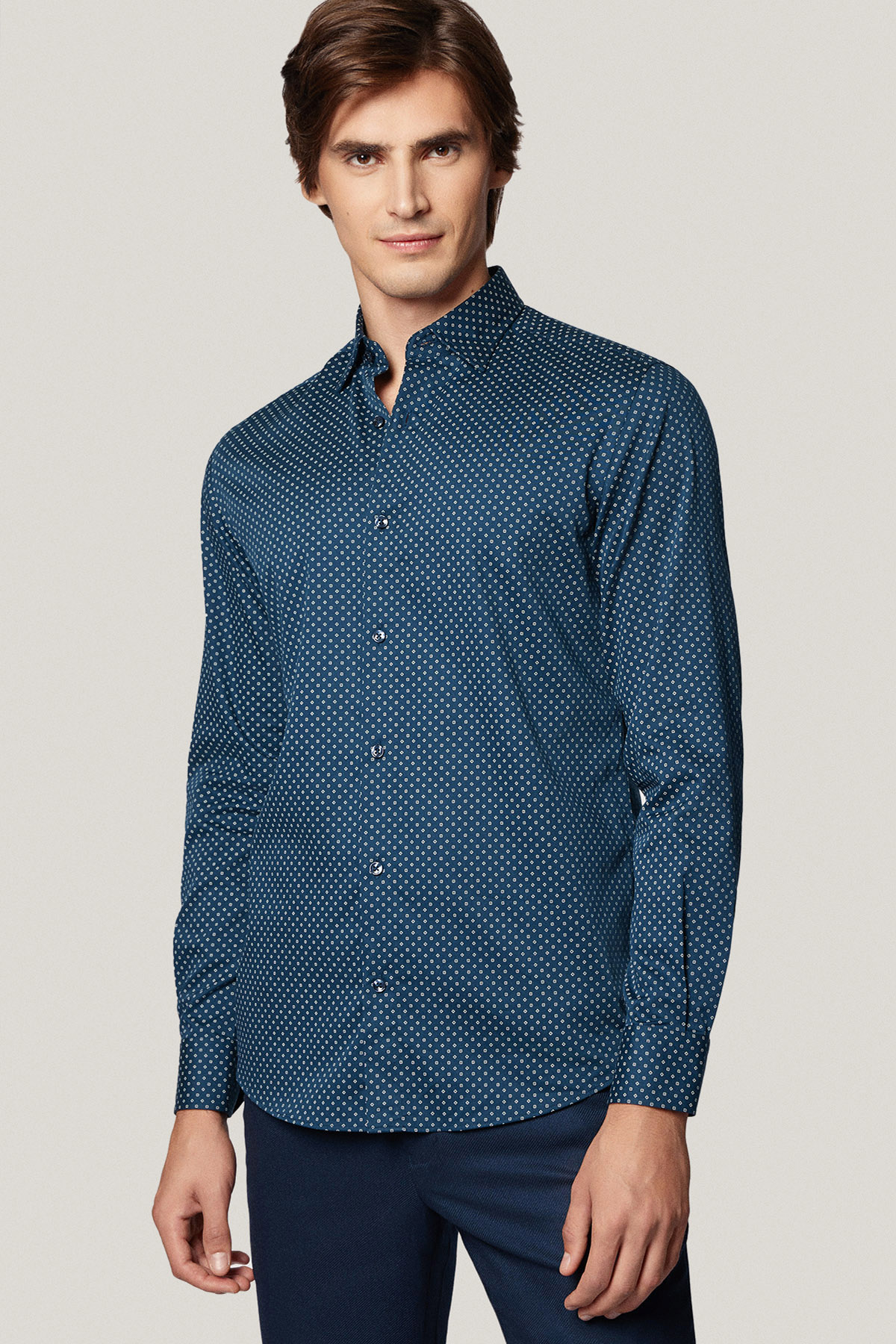 Koszula Granatowa z Bawełny z Długim Rękawem w Mikrowzór PM42