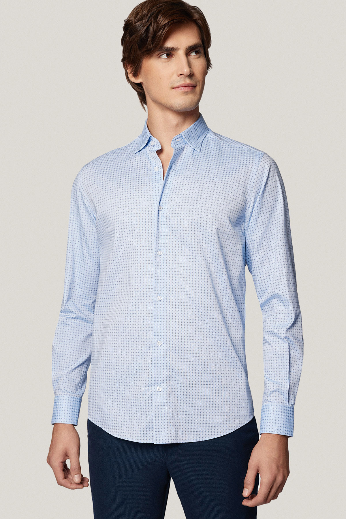 Koszula Błękitna z Bawełny z Długim Rękawem w Mikrowzór PM43