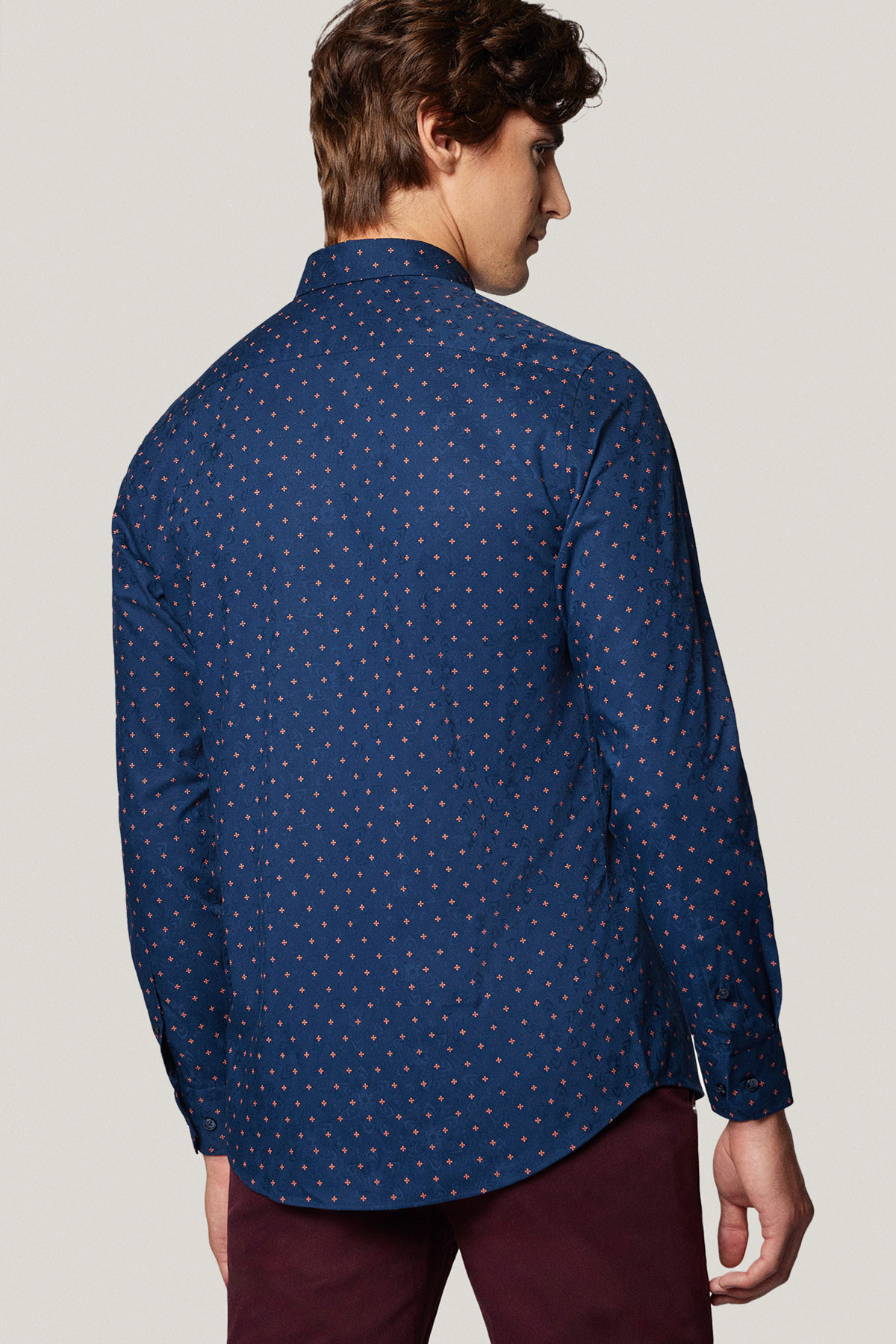 Koszula Granatowa z Bawełny z Długim Rękawem w Mikrowzór PM44